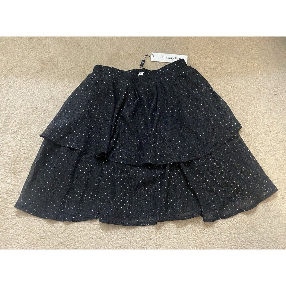 Runway Paris Women's Black/Gold Polka Dot Ruffle Layered Skirt Size S Small